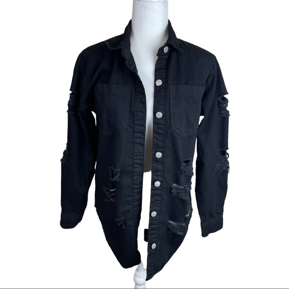 THRILL JEANS BLACK DISTRESSED RIPPED DEMIN SHACKET - Picture 1 of 6